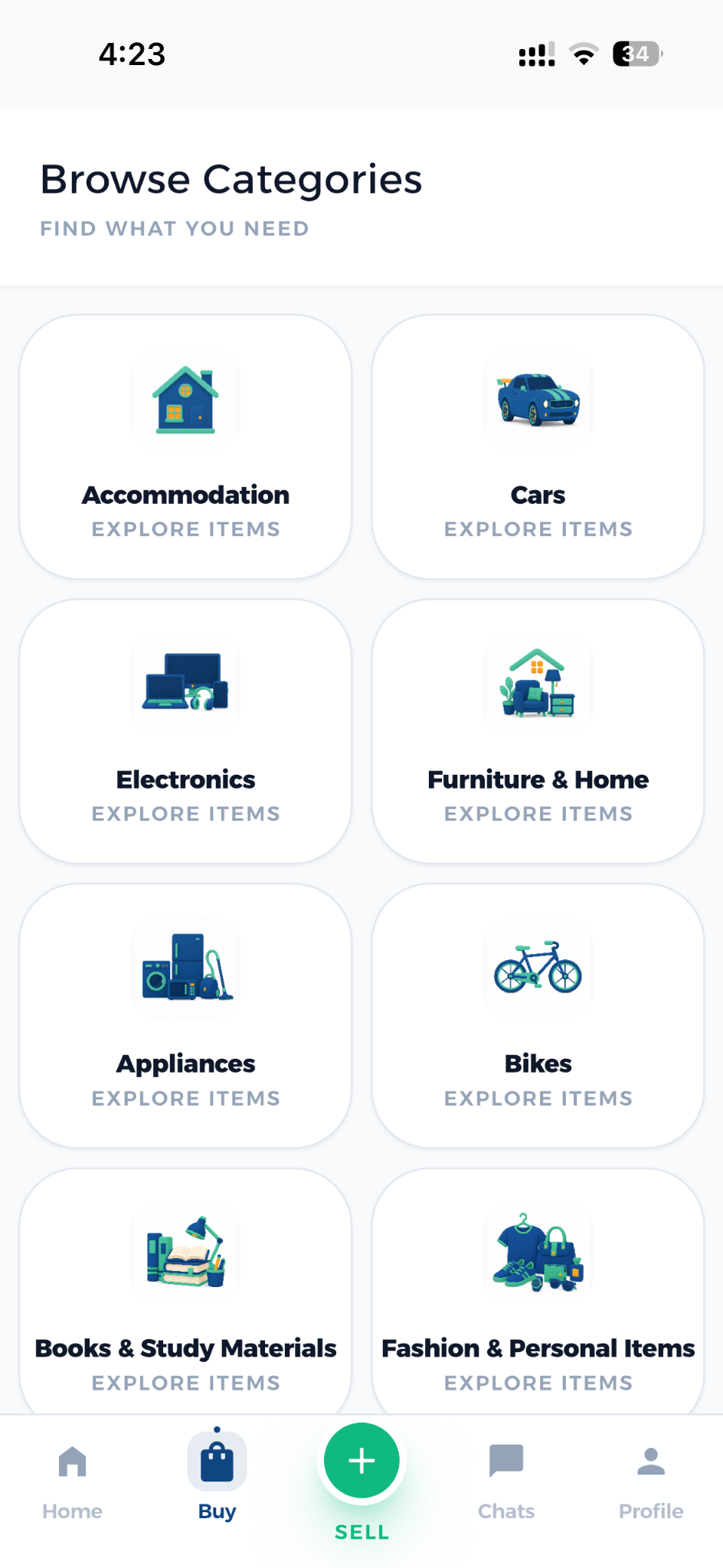 UniTill app showing browse categories screen with accommodation, cars, electronics and more