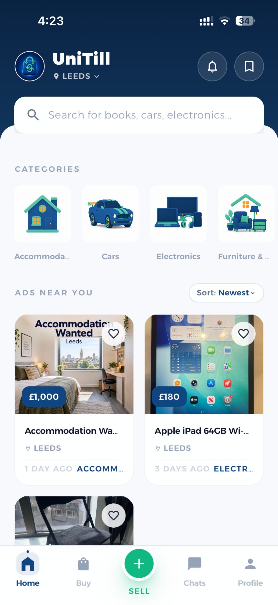 UniTill home feed showing nearby listings