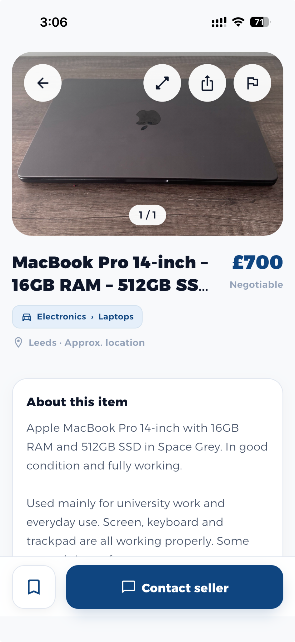 UniTill listing screen showing item details and contact seller